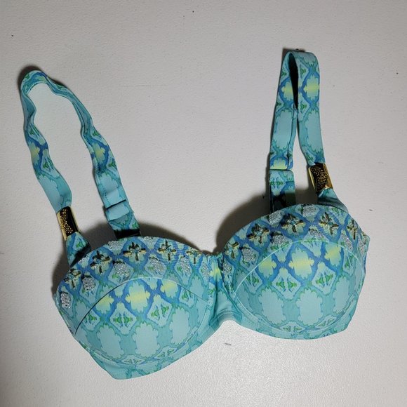 Lisa Blue Molded Cups Beaded Bikini Top Gold Details Size Small - Picture 1 of 11